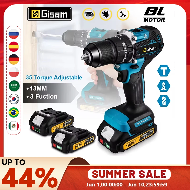 Perceuse à percussion électrique sans fil Gisam 13 mm 35+3 Torque Brushless, visseuse électrique, outil électrique compatible avec batterie Makita 18V