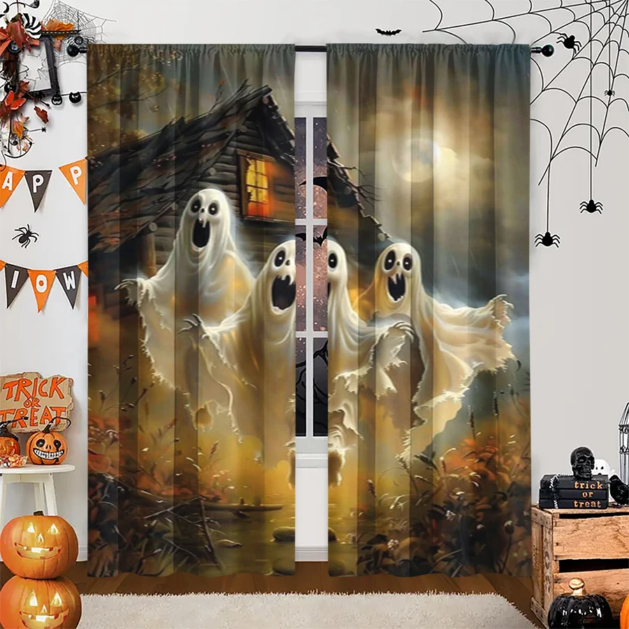 2PCS Digital Print Curtain, Three Ghosts Haunted House Moon, Spooky Graveyard Horror Style for Living Room Bedroom Decor