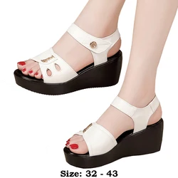 High quality summer leather wedge sandals for women 6cm high heel 2024 size 32 33 43 platform open toe elegant shoe black white