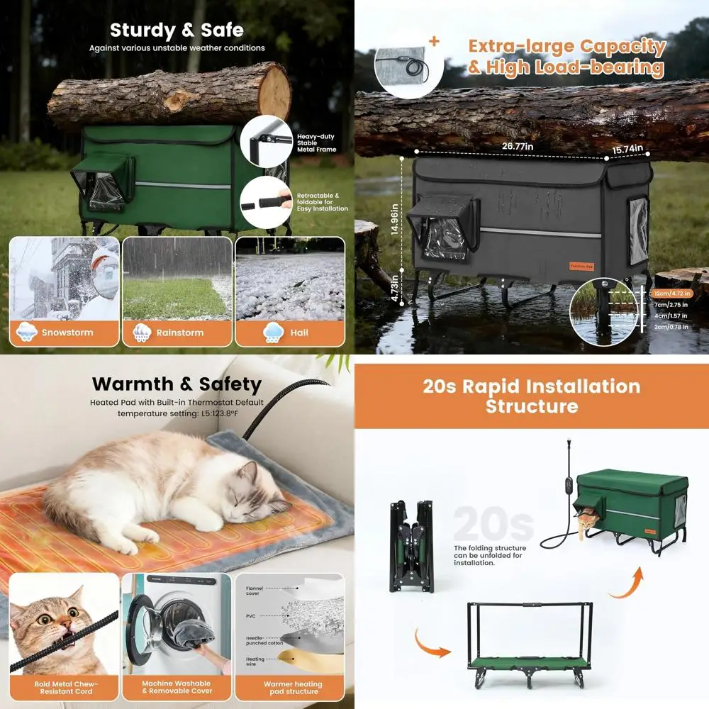 

Складное укрытие для кошек с подогревом XL 26, металлический каркас, изолированный водонепроницаемый уличный кошачий домик с грелками, дверца для побега, регулировка