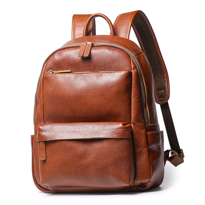 Vintage Men and Ladies Outdoor Travel Backpack School Book Cowhide Backpack Brown Zipper 14 Inch Computer Notebook Bag