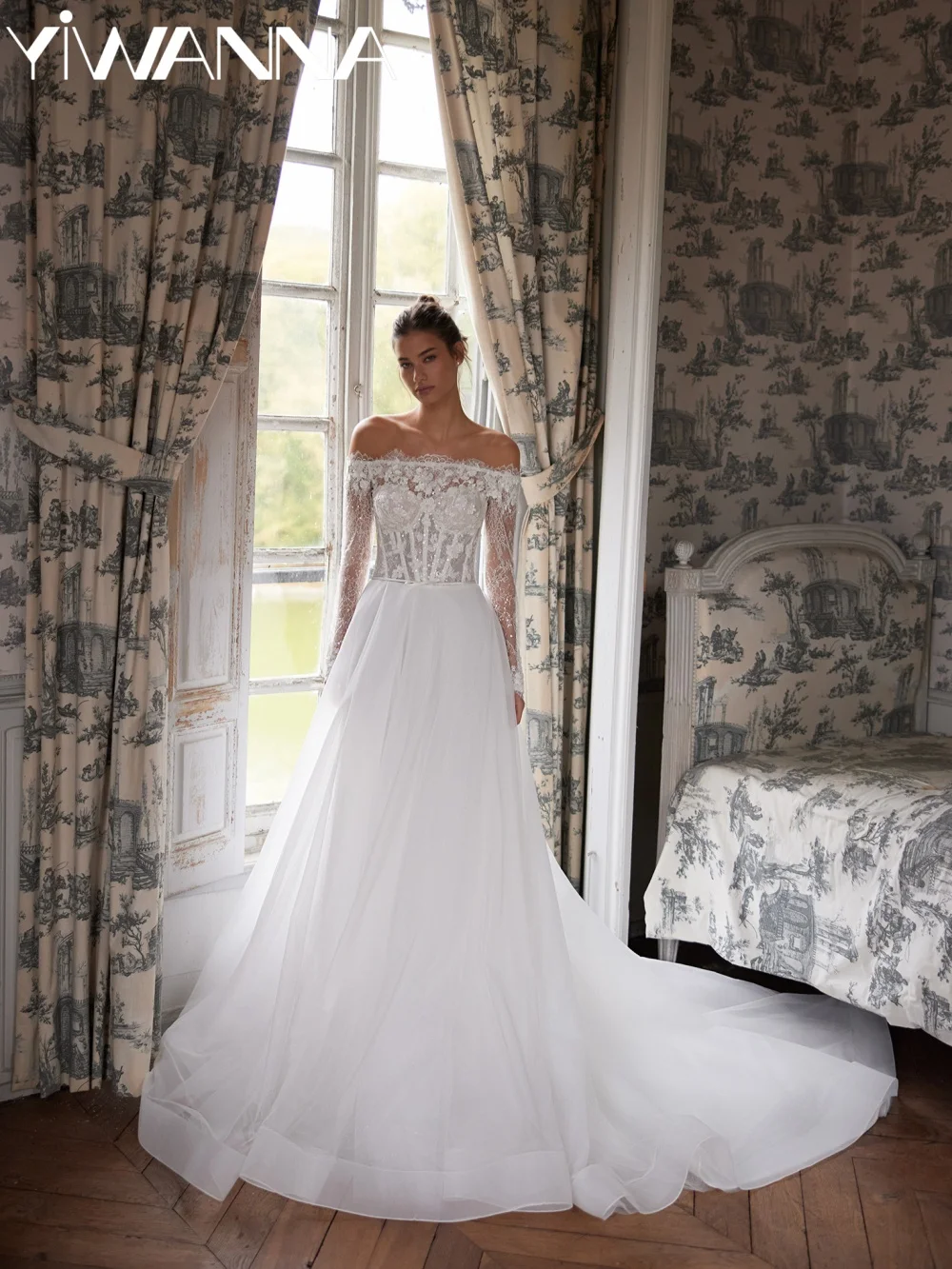 

Sparkling Beaded Tulle Long Wedding Dress Classic Lace Appliques Bridal Gown Customized Dreamy Off Shoulder Dresses For Bride