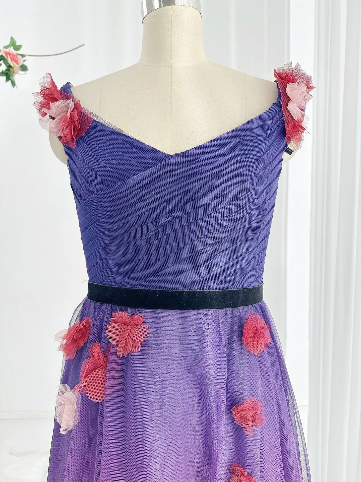 Dark Purple Fashion And Sexy V -Line Collarless Flower Chiffon Waist Waist Thin Party Performance Evening Dress Skirt M2153