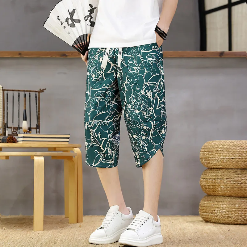 

Men's Summer Ice Silk Loose Fit Sporty Shorts Thin Print Harajuku Style Casual Loose Youthful Polyester Fibre Seven-Foot Pants