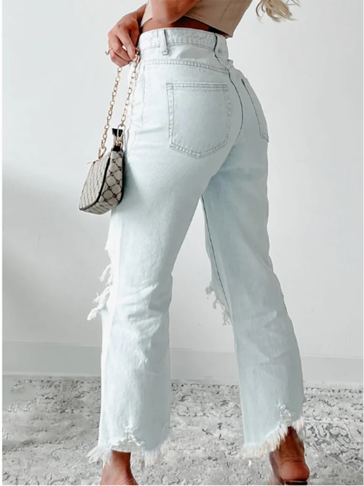 Ripped Loose Pants Blue Pocket Women's Jeans High Street Fashion Daily Office Autumn Straight Leg Pants 3