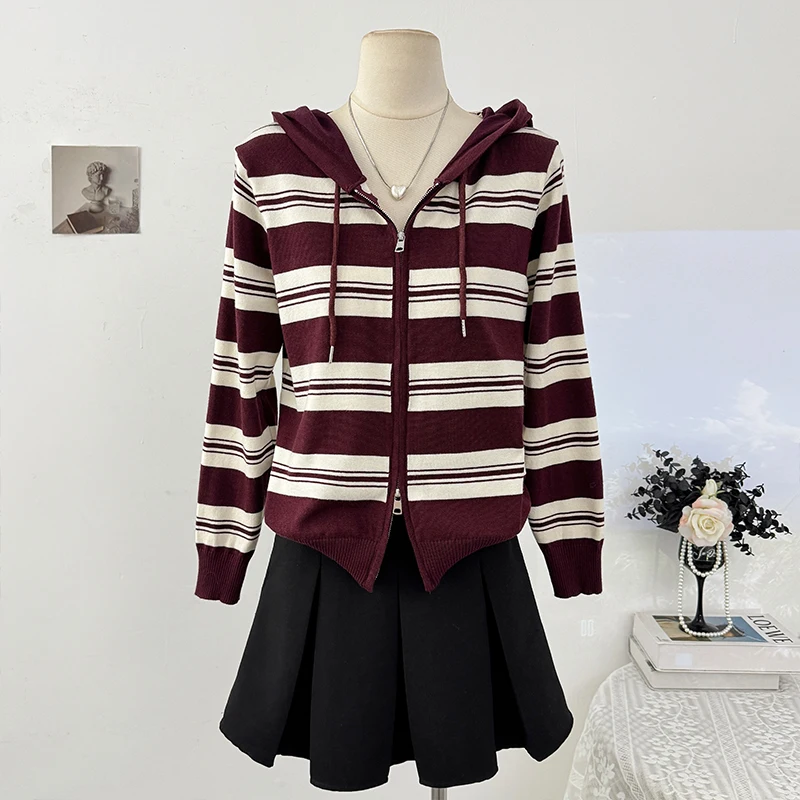 Fashion Color Blocking Striped Cardigans Chic Design Zipper Hooded Knitted Sweater Female Preppy Style Knitwear Tops