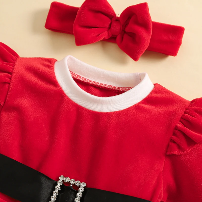 Baju monyet natal bayi balita perempuan, baju monyet lengan panjang leher O dengan ikat kepala untuk bayi baru lahir Hari Natal