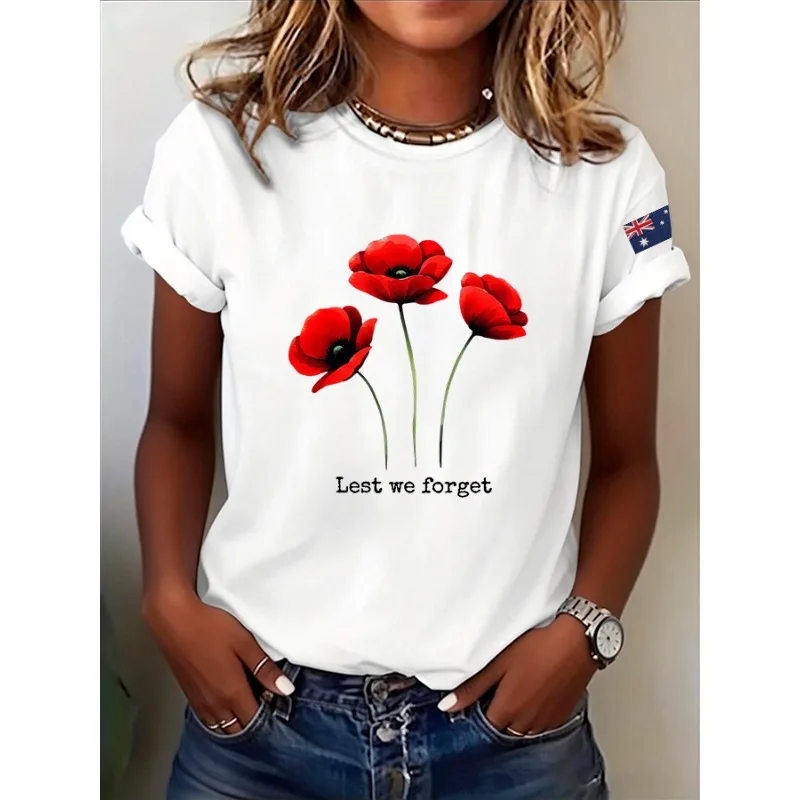 Women's Anzac Day Commemorative Lest We Forget Print T-Shirts Summer Casual Short Sleeve Tops Tees
