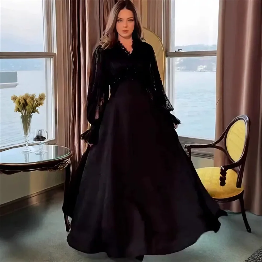 VGH Elegante Fee Jacquard Kanten Jurken voor Vrouwen V-hals Lange Mouw Gesplitst Sheer Mesh Slanke A-lijn Maxi Formele Jurk Vrouwelijke Nieuwe