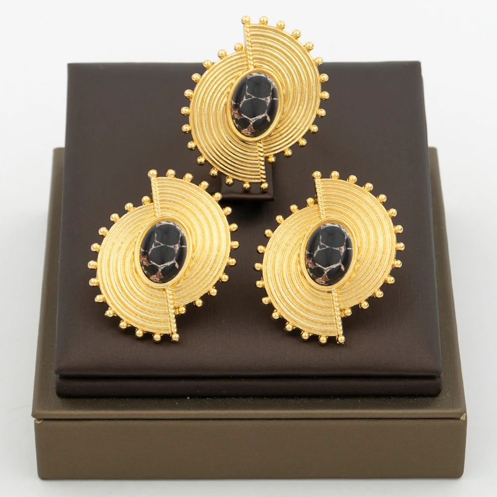 Afrikanisches Schmuckset für Frauen, Saphirblauer Stein, Ohrringe und Fingerring, Luxus-Set, 18 Karat Kupfer, vergoldet, Ohrring-Schmuckset