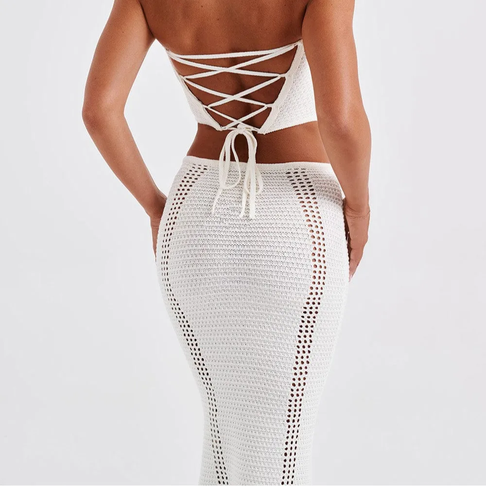 2024 Summer New Women\'s Clothes Fashion Suit Sexy Open Back Hollow Slim Fit Hip Knit Dress Casual Mini Vestidos Beach Skirt 