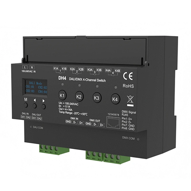 For DMX 4-Channel Switch With OLED Display Screen Relay 4CH Dry Contact Output 4 Address DMX-RDM Din Rail 100-240VAC