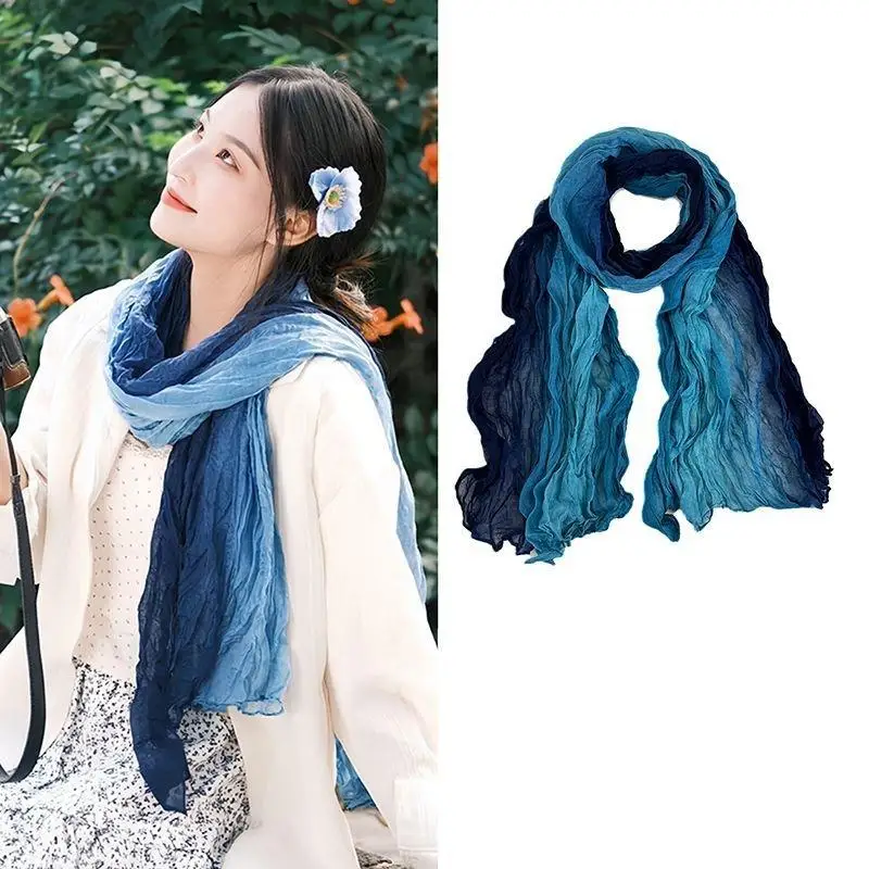 

Ethnic Style Cotton And Linen Scarf Women's Tie Dye Long Pleated Gradient Shawl Vintage Scarf Fashion Shoulder Wrap Neck