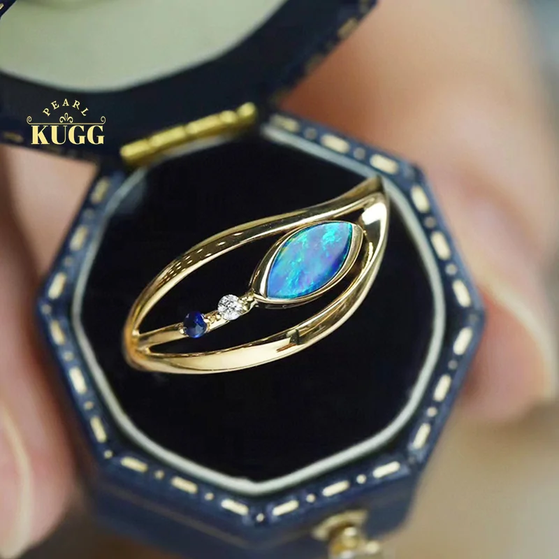 

KUGG 18K Yellow Gold Rings Elegant Ethnic Style Real Natural Australia Opal Luxury Gemstone Ring for Women High Party Jewelry