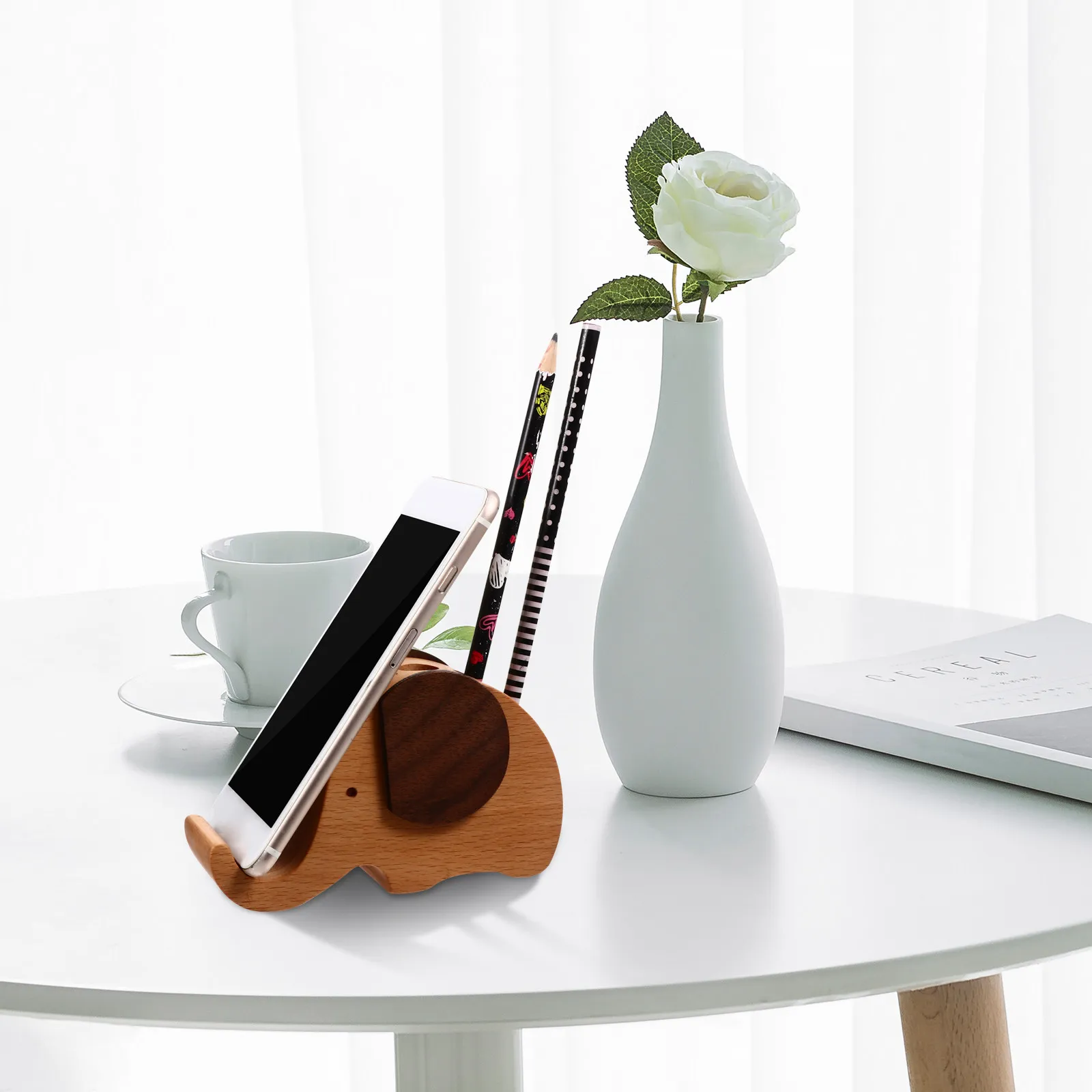 1Pcs Elephant Wooden Desktop Phone Stand Pen Holder Creative Cell Phone Bracket Tablet Holder for Home Office School