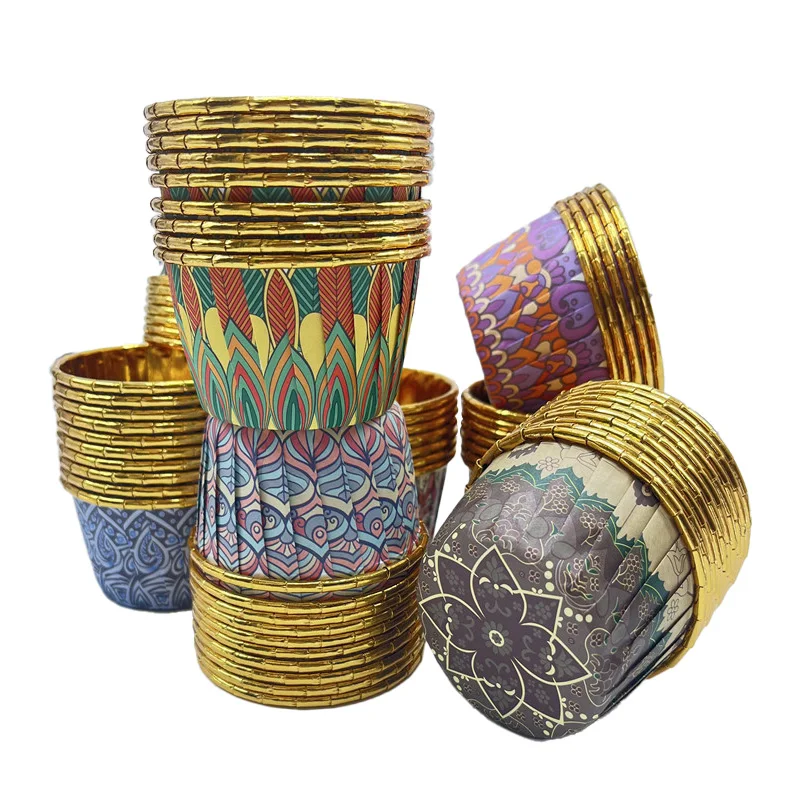 

50pcs Gold Cupcake Liners Eid Mubarak Muslim Pattern Foil Muffin Baking Cupcake Wrappers Holder For Ramadan Islamic Party Decor