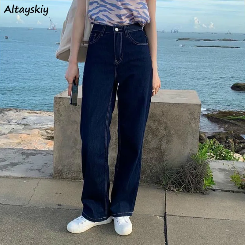 

Jeans Women Simple Korean Style Straight Full-length All-match High Waist Streetwear Students Chic Leisure Trouser Ins Autumn