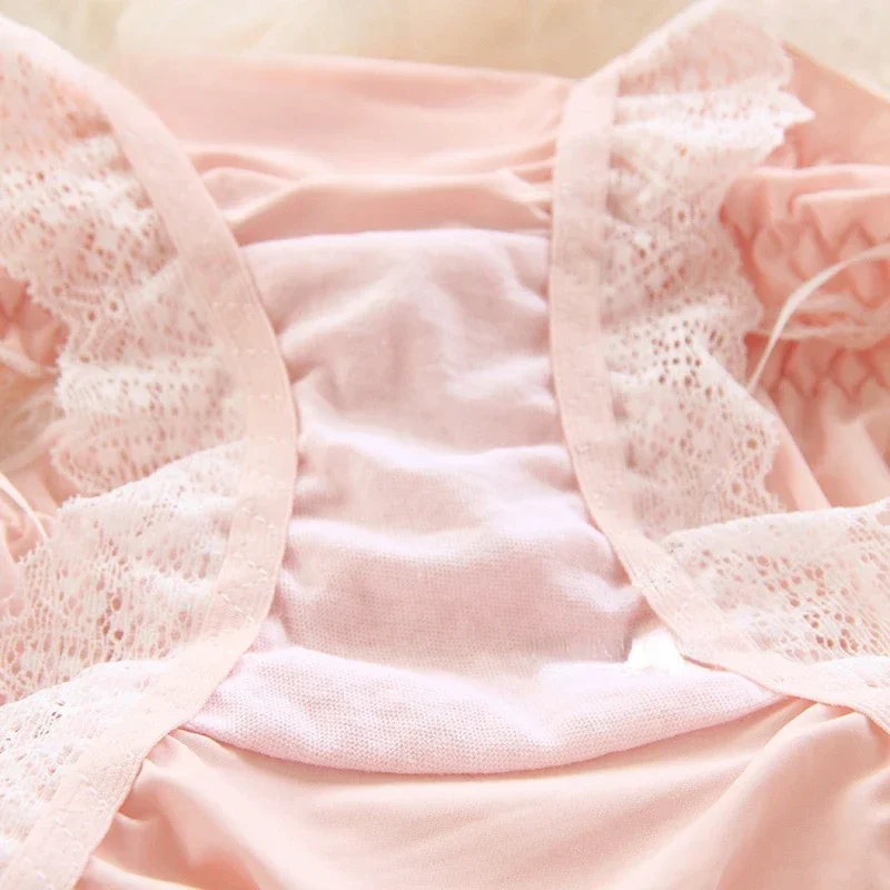 Cute Pink Lolita Love Lace Panties Girls Kawaii Underwear Ice Silk Wrap Buttock Cotton Breathable Women Briefs Thong Lingerie