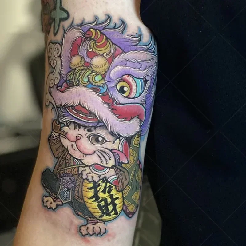 

Cute Lucky Cat Temporary Tattoos Chinese Mascot Lion Dance for Wealth Good Luck Waterproof Fake Tattoo Sticker Body Art Tattoo
