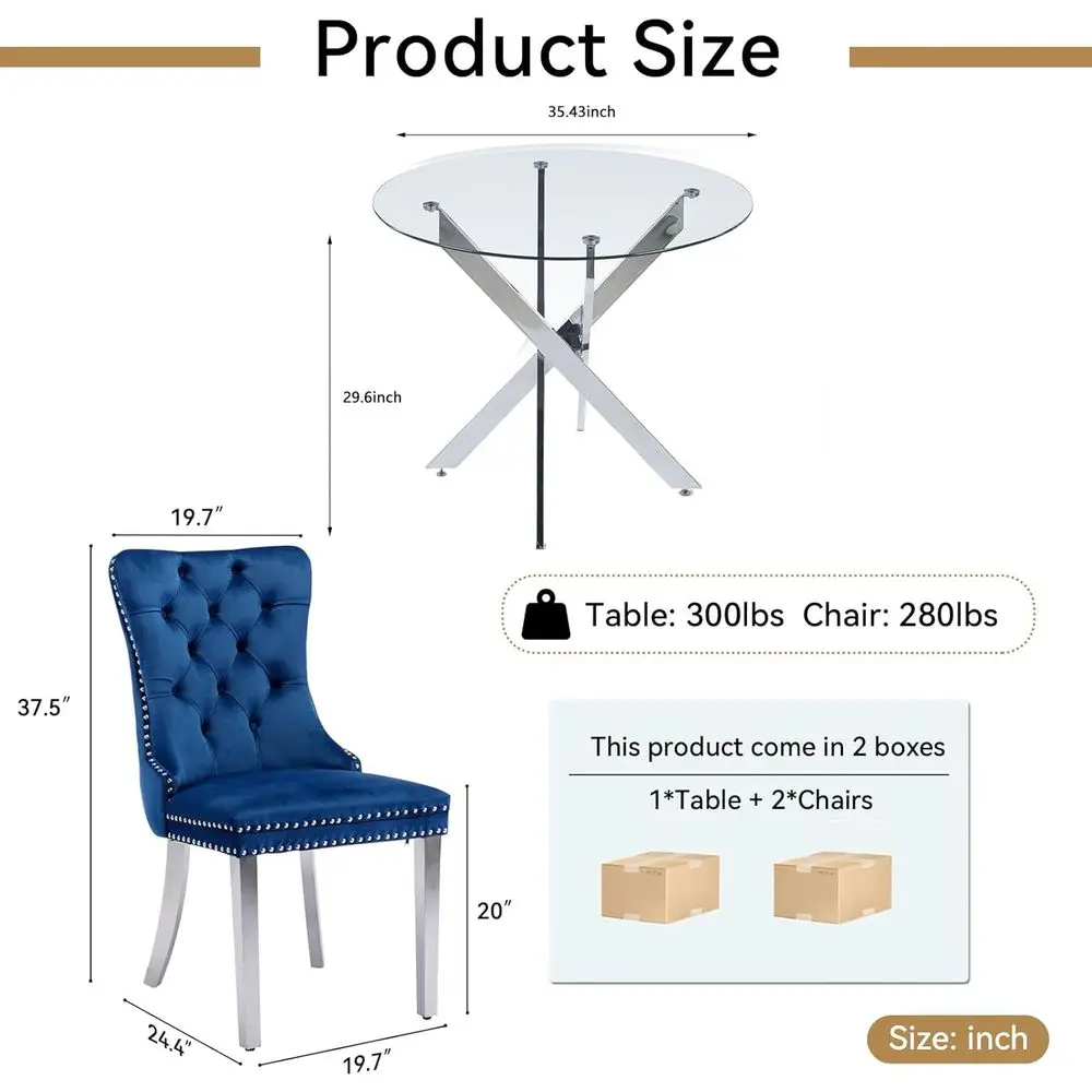 Compact 2-Person Glass Dining Table Set with Navy Blue Tufted Chairs