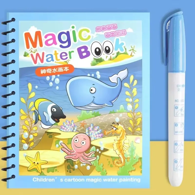 Juguetes de educación temprana para niños, libro mágico con bolígrafo, libro para colorear reutilizable con agua, libro de dibujo mágico, juguetes de dibujo Montessori Gif