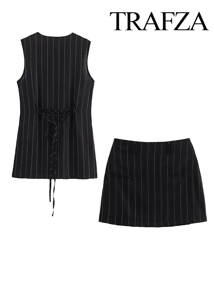 TRAFZA Summer Women Set Elegant Black Pinstripes Round Neck Single-breasted Sleeveless Vest Top + Pocket Zipper Mini Skirt Mujer