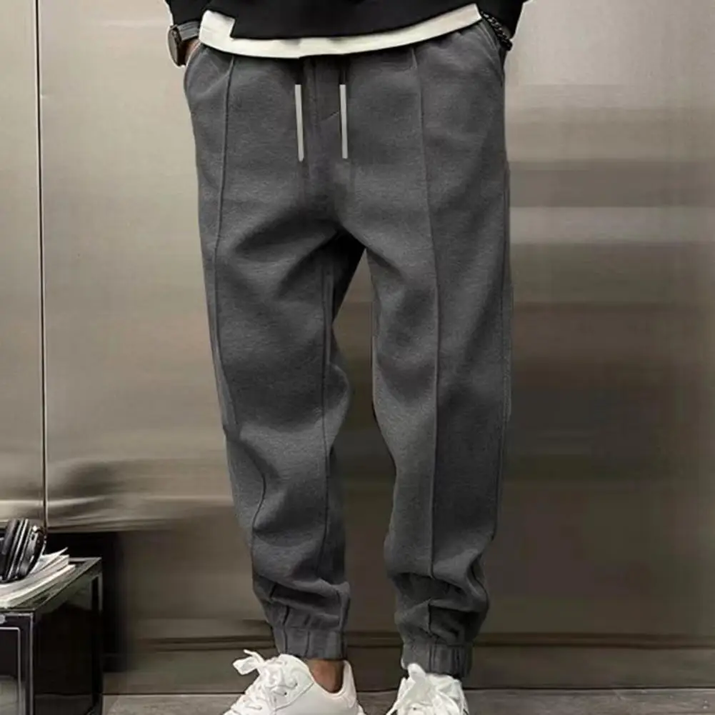 Retro Thickened Men Haren Pants Ankle-banded Side Pockets Drawstring Waist  Cargo Pants  Loose Solid Color Jogging Sweatpants