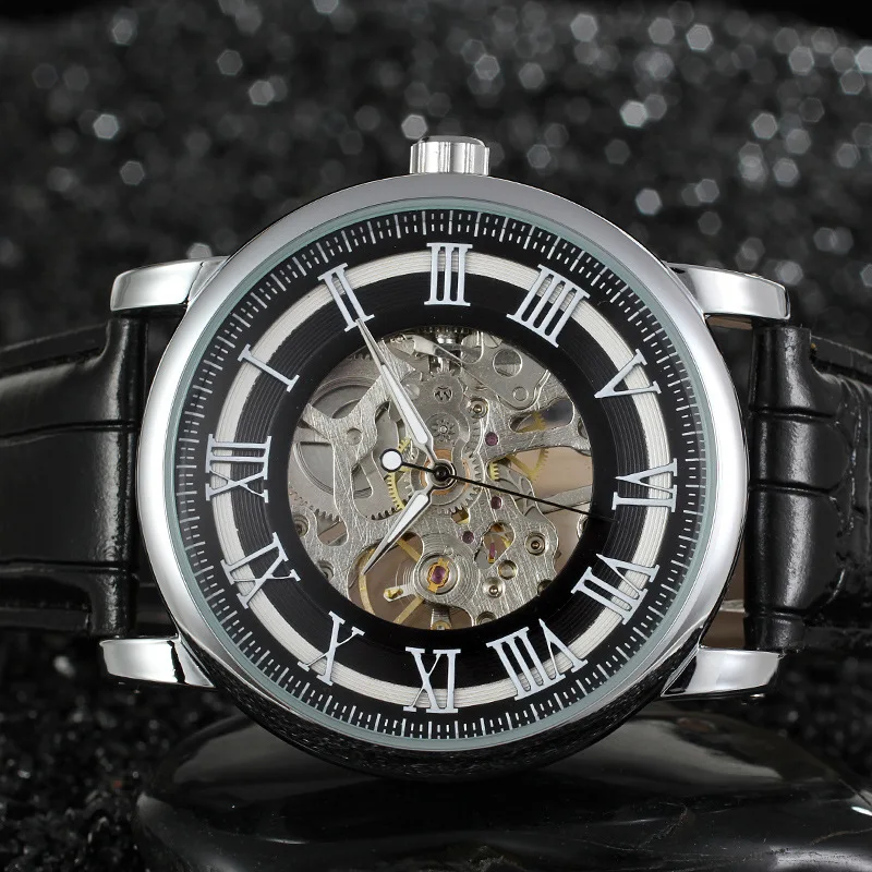 Fashion Winner Top Brand Hollow Roman Handwinder Mechanical Man Student Leather Simple Modelled After An Antique Wrist Watches