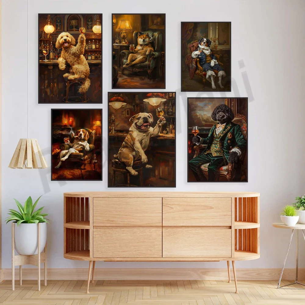 Pug, labrador, golden retriever, bernese mountain dog bar poster, shiba inu whiskey connoisseur art, wine, funny pet portrait