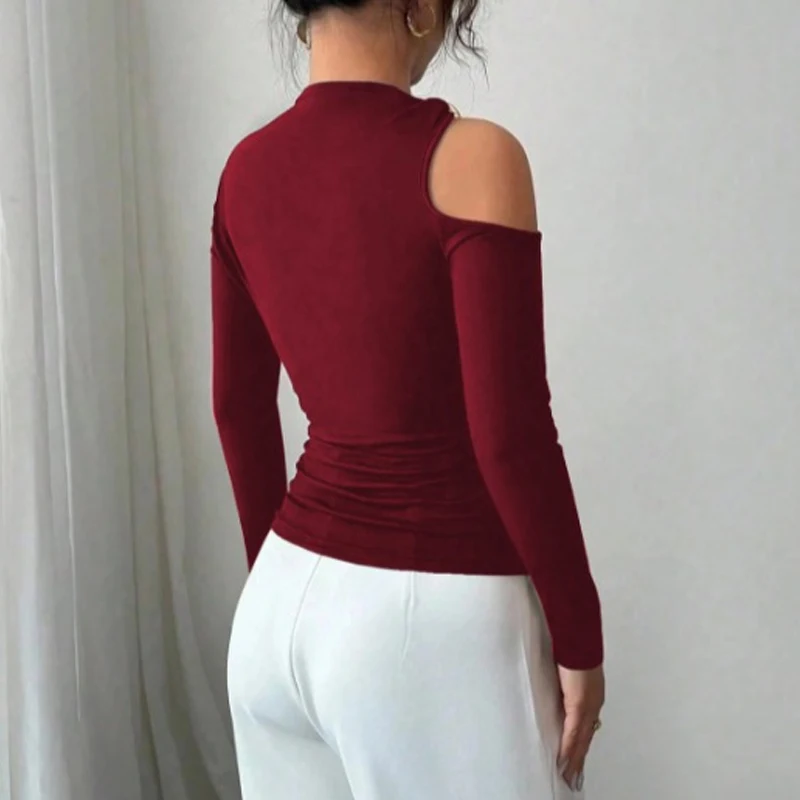 Casual Unregelmäßigen Hals Einfarbig Top Elegante Off schulter Slim Fit Langarm Bluse Frauen Mode Aushöhlen Streetwear Shirt