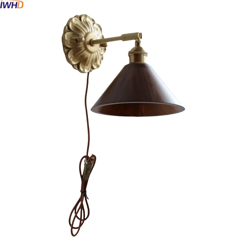 

IWHD Vintage Industrial LED Wall Sconce Lights Plug In Black Walnut Wood Wooden Kitchen Living Room Bedside Lamp Applique Murale