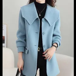 Elegant Sky Blue Woolen Coat 2026 New Women Spring Autumn Winter High-End Korean Version Woolen Blended Jacket Female Outerwear