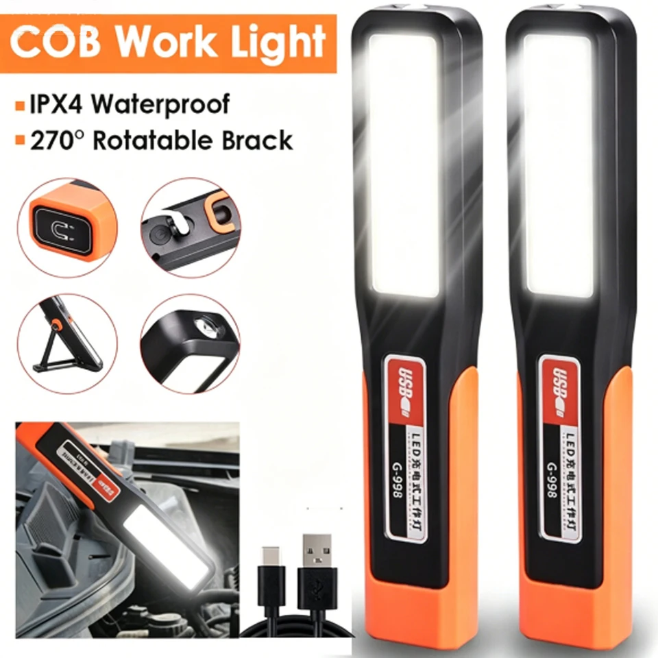 Super Bright COB LED Work Light USB Rechargeable Flashlight with Magnetic Base Hook Waterproof Car Mechanic Camping Emergency