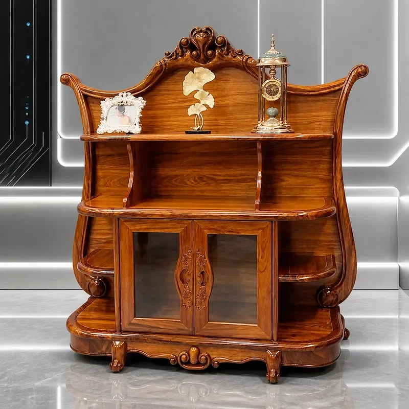 for Huangdeng Pavilion New Chinese Ebony Solid Wood Dwarf Wine Cabinet Living Room Tempered Glass Display Storage Carved