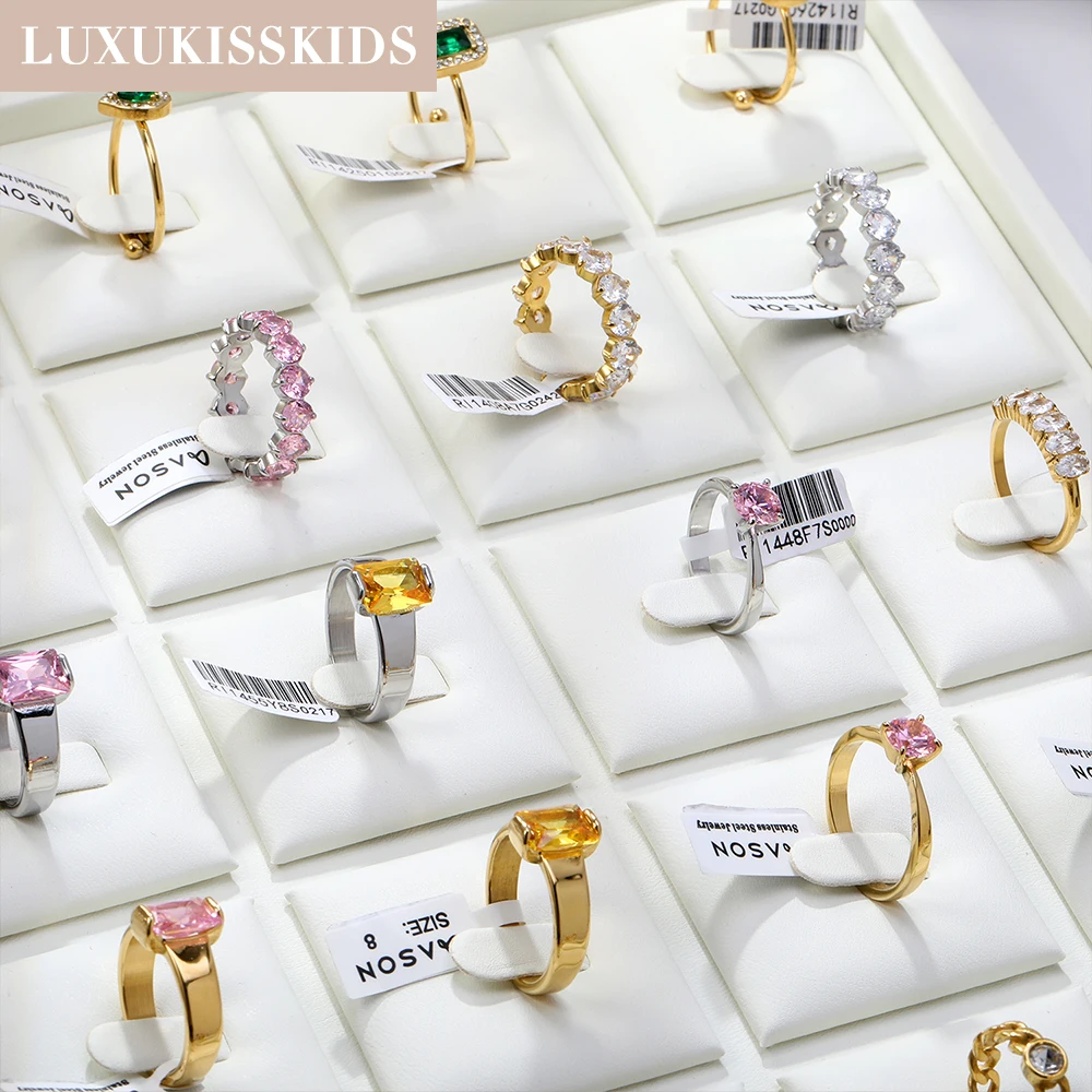 LUXUKISSKIDS Luxury AAA Bling Cubic Zirconia Classic Ring Stainless Steel Pink Full CZ Gold-Plate PVD Fashion Exquisite Jewelry
