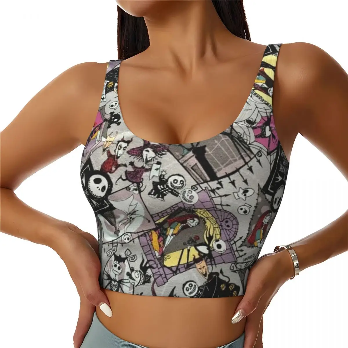 

Custom Cartoon The Nightmare Before Christmas Workout Crop Tank Tops Women Jack Skellington Running Sports Bras