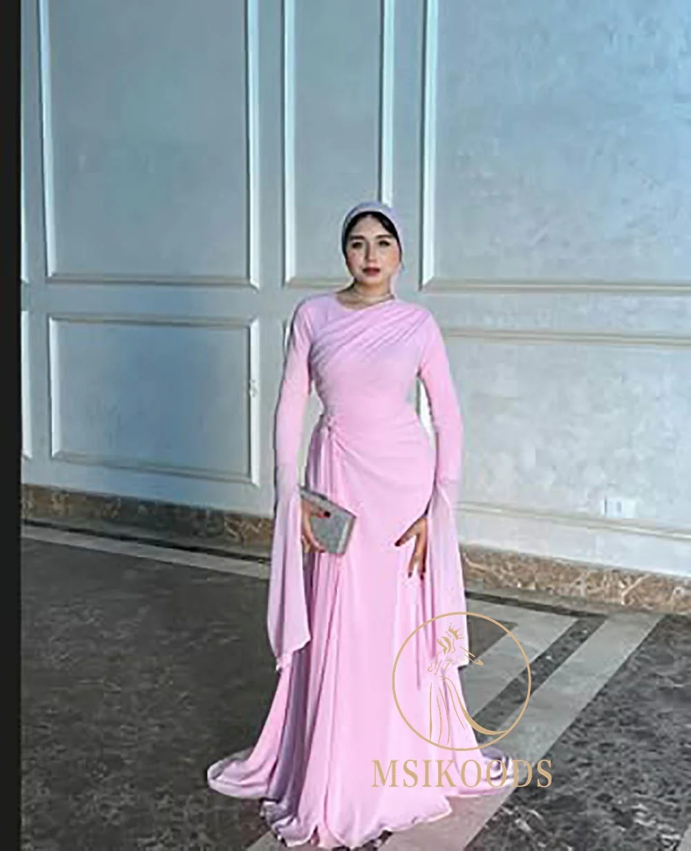 Msikoods rosa manga longa vestidos de noite modesto vestido de baile drapeado elegante estilo muçulmano vestido de festa de noite para mulher personalizado