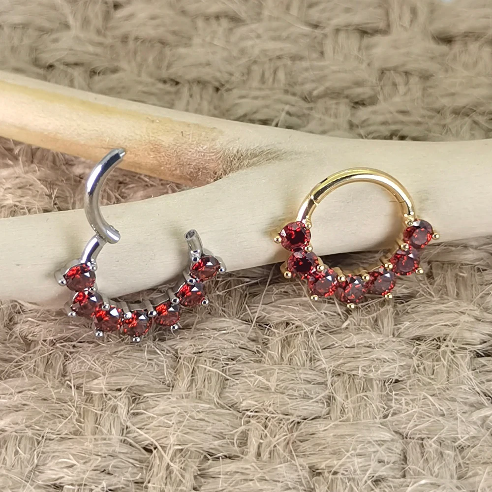 QM ASTM F136 Titanium Red Zircon Nose Ring Clicker Hinged Segment Helix Earring Body Piercing