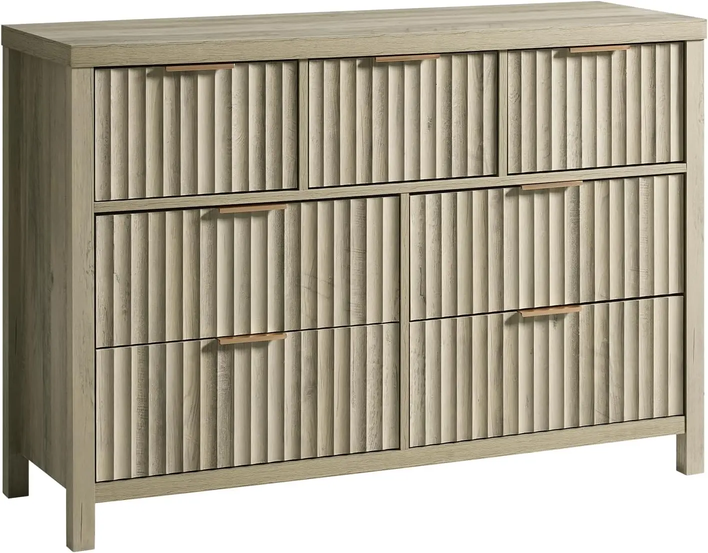 Light Oak Wood Fluted 7 Drawer Dresser for Bedroom, Living Room, Entryway - Modern Mid Century Storage Solution