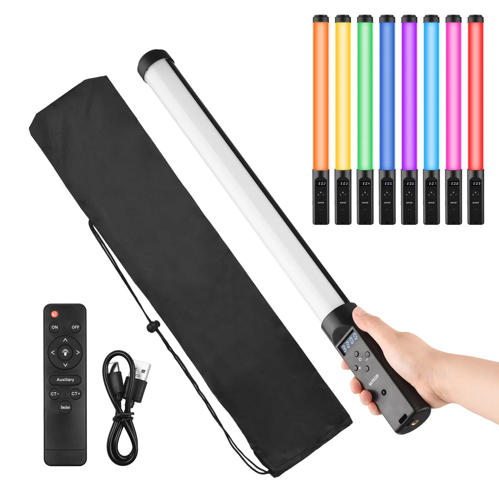 Handheld RGB Tube Light LED Video Light Wand 3200K-5500K Dimmable with Remote for Vlog Live Streaming Portrait Photography