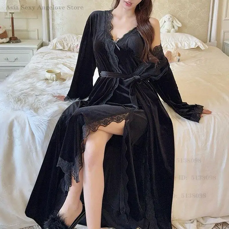 

Autumn Winter Velour Long Robe Nightgown Set Women's Sleepwear Sexy Lace Slit Suspender Nightdress Loose Velvet Homewear Pajama