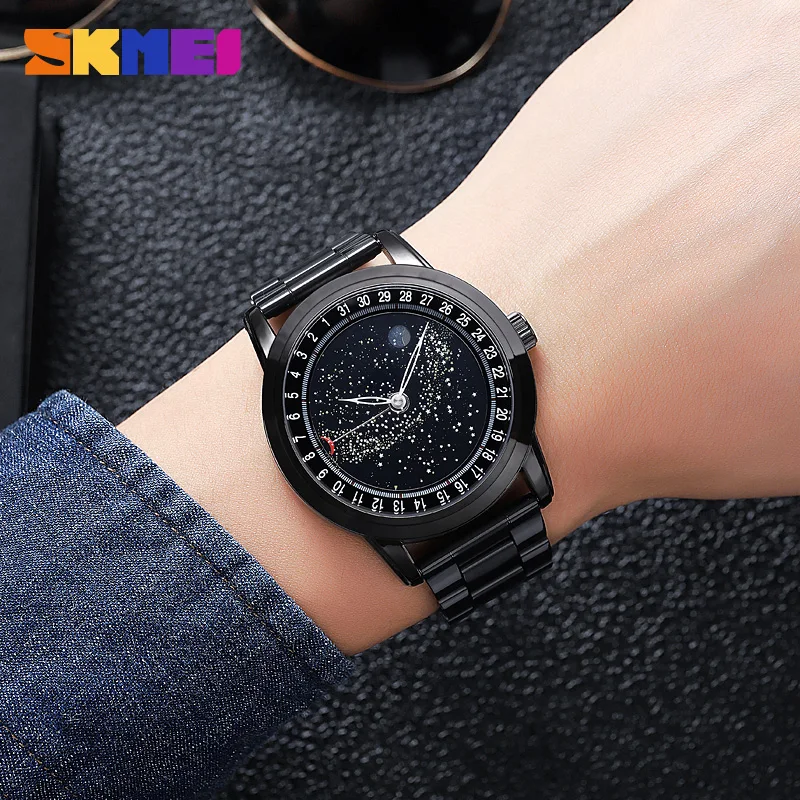 SKMEI Fashion Luxury Quartz Man Watch Stainless Steel Strap Date Lunar Phase Casual Waterproof Wristwatch For Men Male Clock