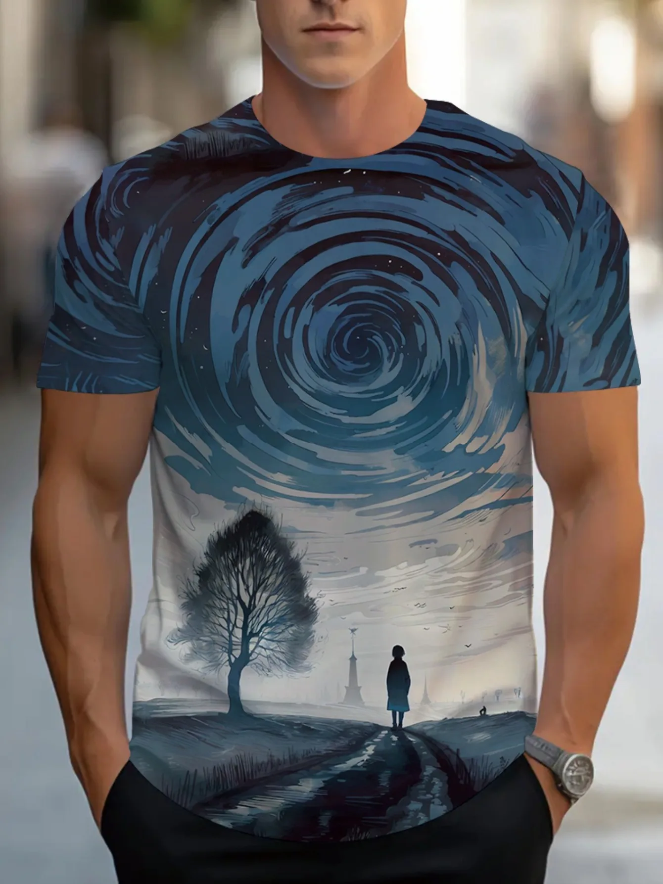 Men Blue Swirl Starry Sky Lone Figure Tree Tower Surreal Landscape Print Short Sleeve Crew Neck Casual T-shirt
