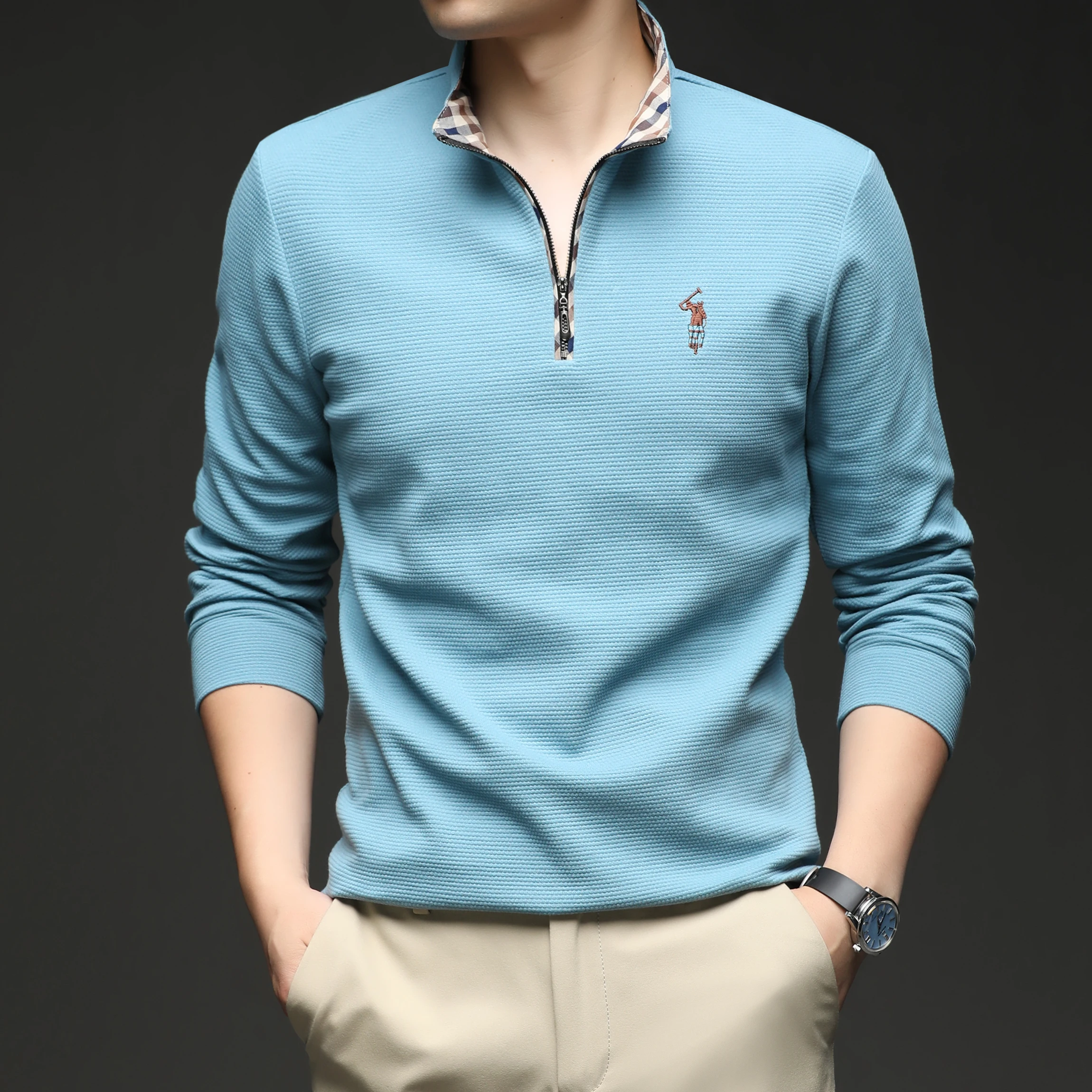 

2025 Толстовка с длинными рукавами, мужская повседневная рубашка-поло, весенне-осенняя мужская рубашка-поло с воротником-стойкой и полумолнией, базовая рубашка из чистого хлопка