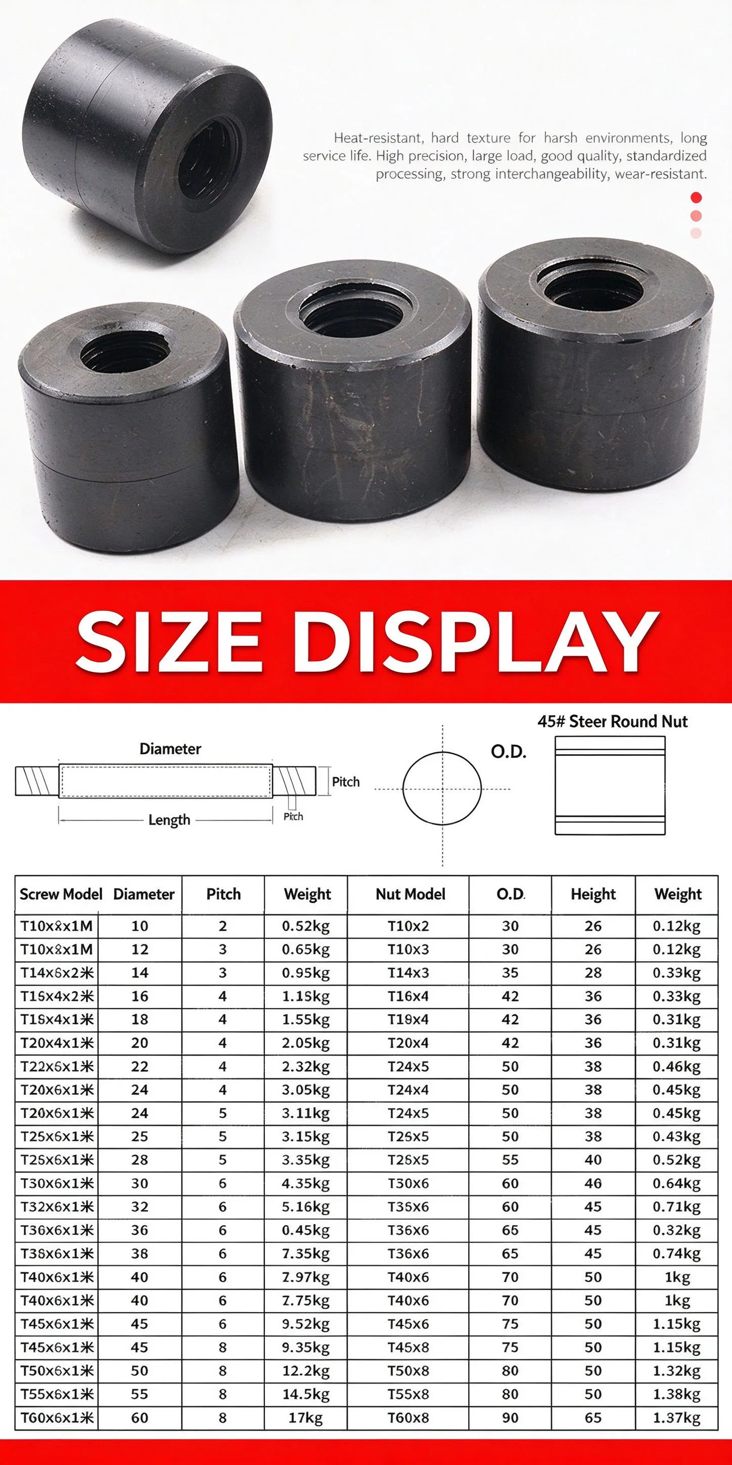 Trapezoidal Lead Screw Round Nut T8/T10/T12/T14/T16/T18T-T60 Right/Left Hand Pitch 2-8mm OD20-90mm for Machine Tool Transmission