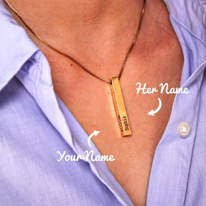 Customized Personality Engrave 4 Sides Name Date Stainless Steel Bar Necklace Pendant Men Women Monther\'s Valentines Day Gift