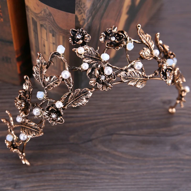 New Baroque Vintage Wedding Hair Accessories Bronze Rhinestone Pearl Tiaras and Crowns Bridal Women Jewelry Pageant Party image 2