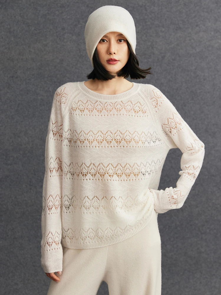 

TLOML Women’s 100% Cashmere Knitwear O-neck Hollow Out Jacquard Pullover Spring Autumn Cashmere Sweater Fashion Soft Loose Tops