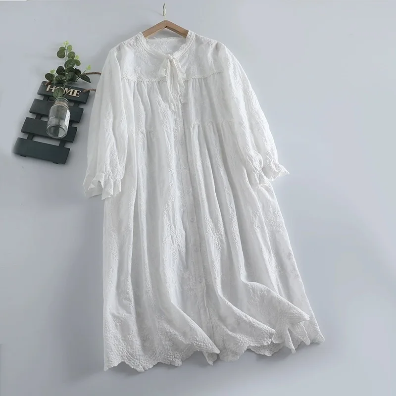 Vintage Cotton Linen Long Dress Women Spring Summer Japanese Mori Solid Long Sleeve White Dress Loose Robe