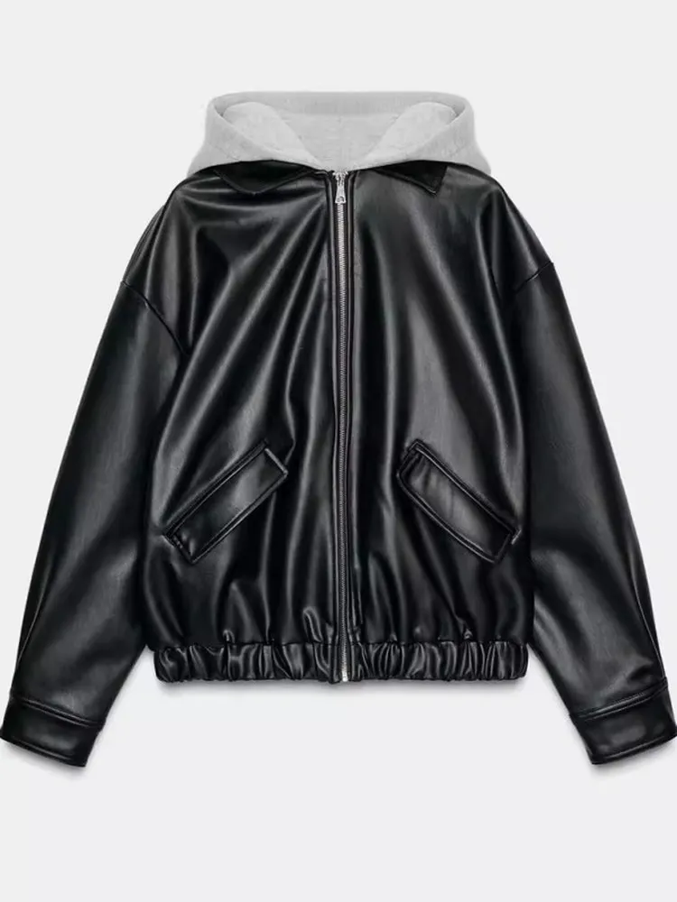 الأمريكية Sle تقسم قبعة تأثير الجلود Jaet معطف المرأة عارضة طويلة Sve سستة إغلاق اللون بو معطف جلد #1